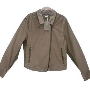 GARNET HILL Organic Cotton Moto Jacket 10 Army Green Asymmetric Zip Ribbed NWT